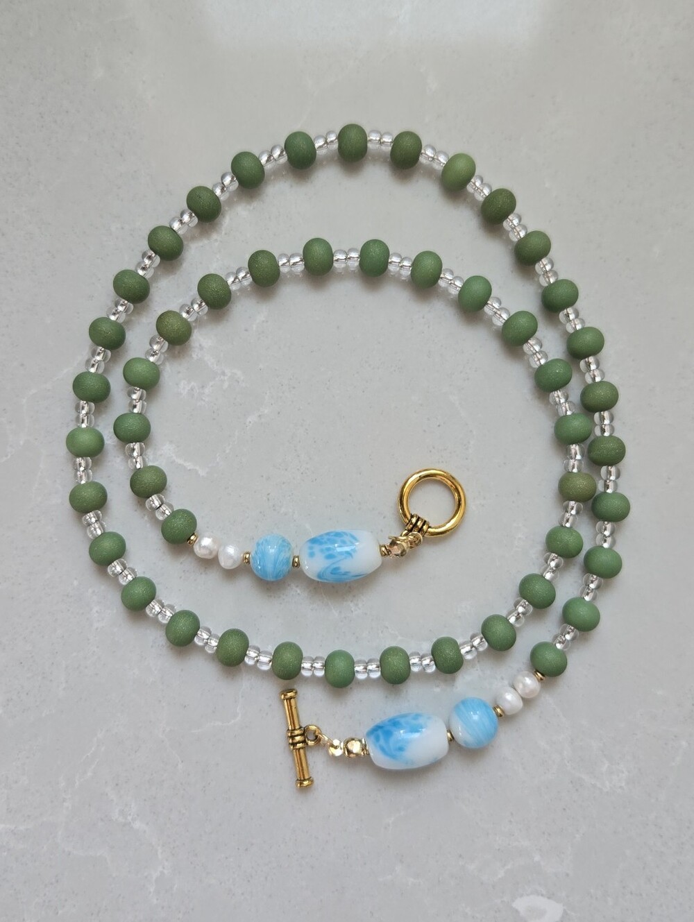Handmade Green Beaded Necklace with Vintage Blue & White Glass Accents